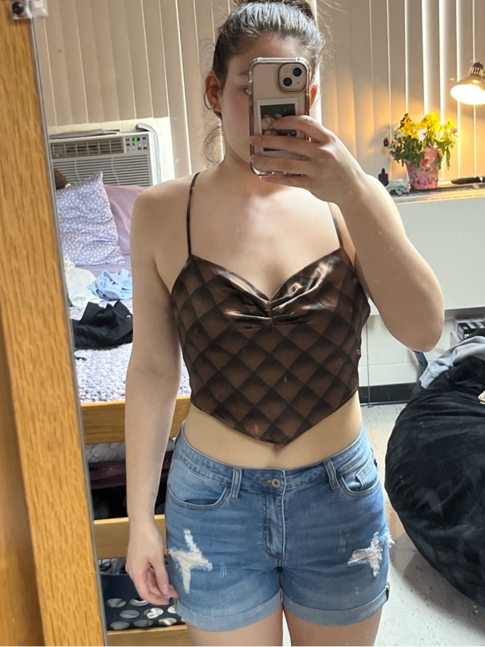 Lily White Brown Satin Cowl-Point Crop Camisole